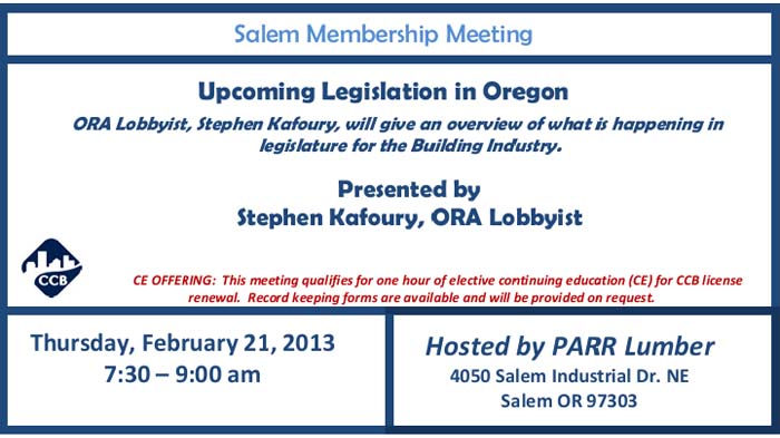 Upcoming Legislation in Oregon ~ ORA/NARI Salem Chapter Membership Meeting | Parr Lumber